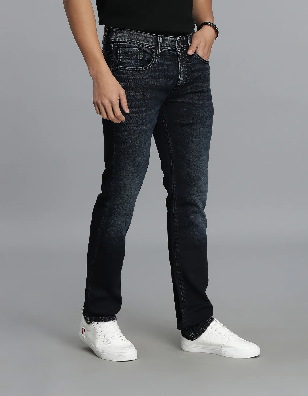 Dk Blue 5 Pocket Mid-Rise Slim Straight Fit Jeans - Image 4