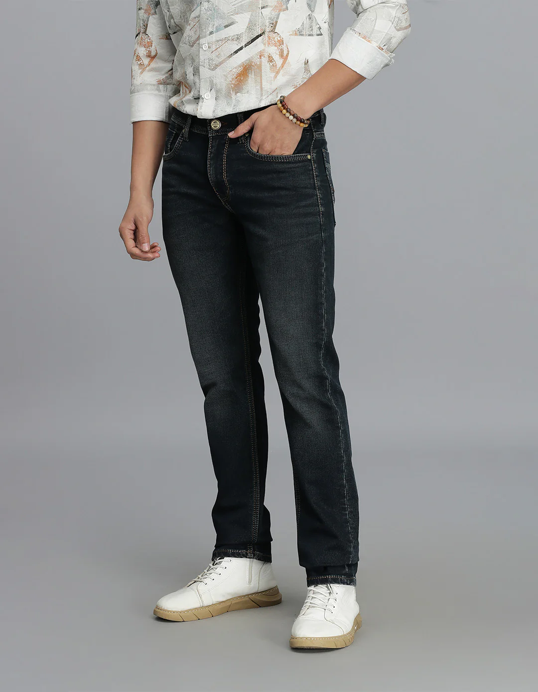 Dk Blue 5 Pocket Mid-Rise Slim Straight Fit Jeans - Image 3