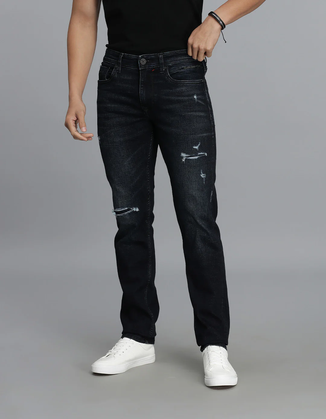 Dk Blue 5 Pocket Mid-Rise Slim Straight Fit jeans