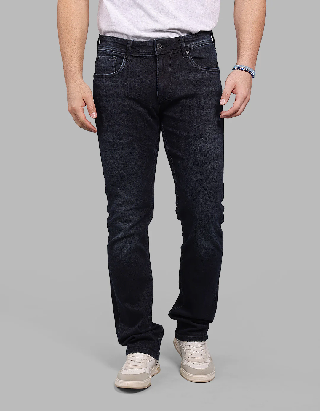 Dk Blue 5 Pocket Mid-Rise Slim Straight Fit Stretch Jeans