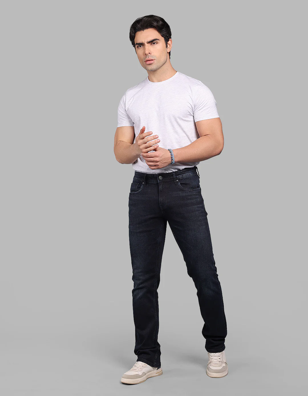 Dk Blue 5 Pocket Mid-Rise Slim Straight Fit Stretch Jeans - Image 2
