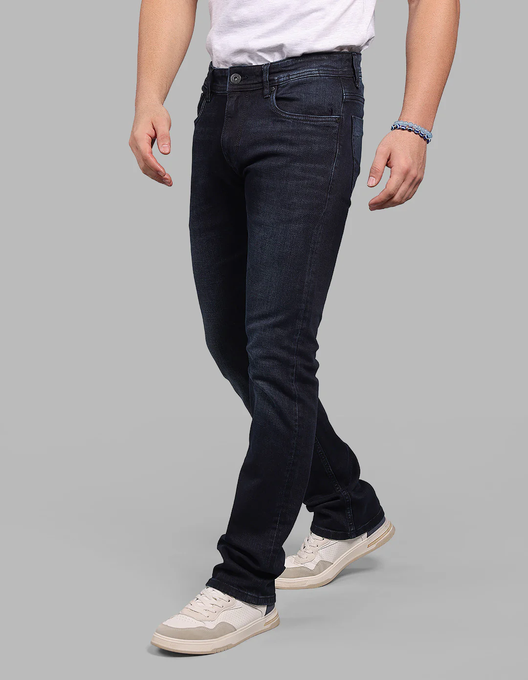 Dk Blue 5 Pocket Mid-Rise Slim Straight Fit Stretch Jeans - Image 3