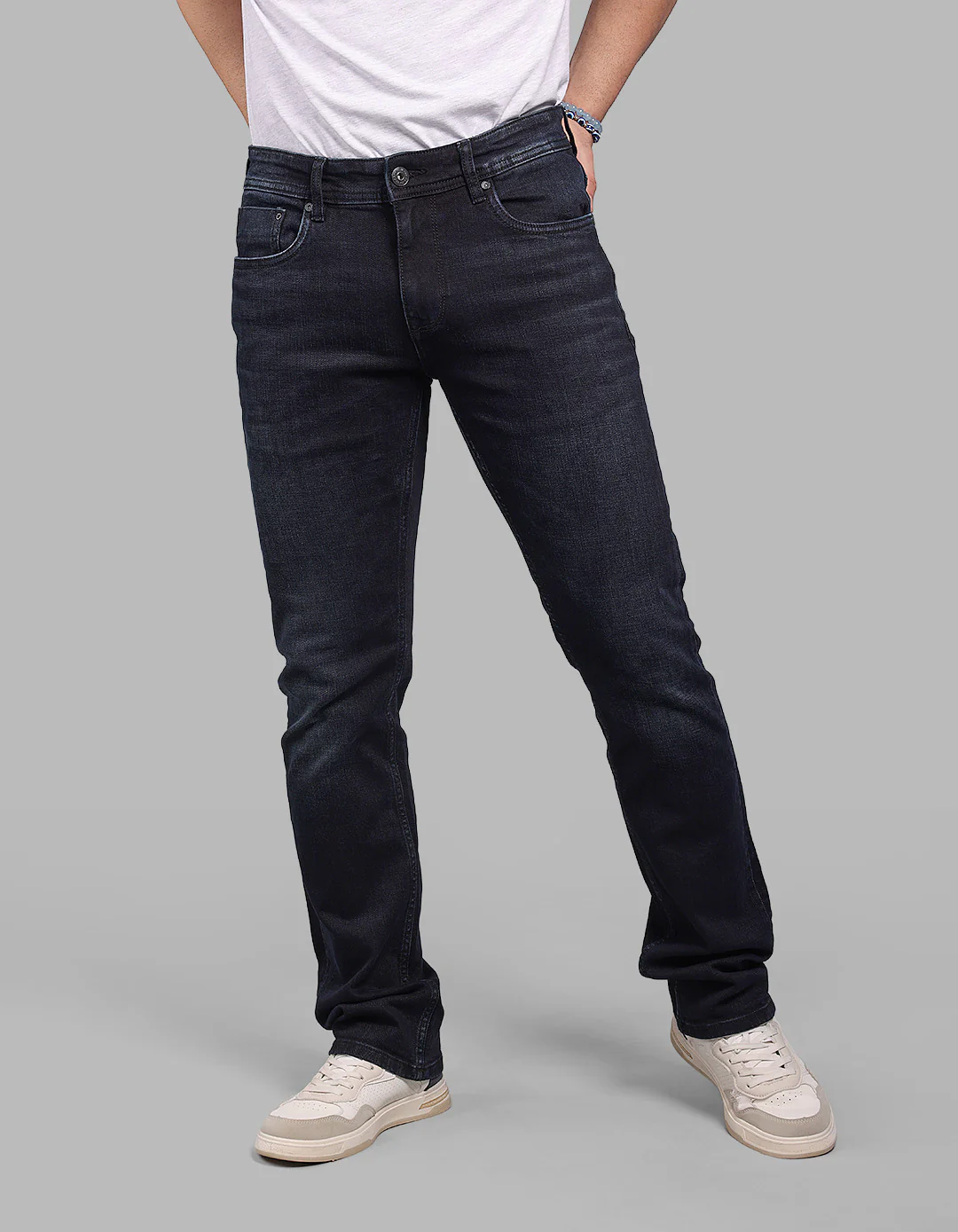 Dk Blue 5 Pocket Mid-Rise Slim Straight Fit Stretch Jeans - Image 4