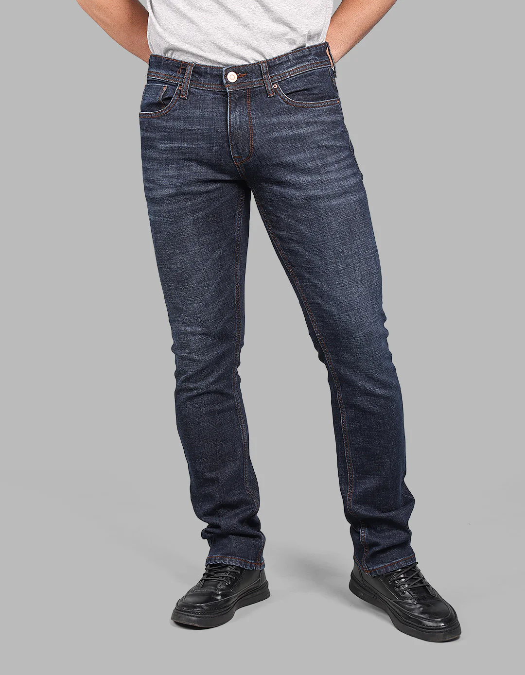 Dk Blue 5 Pocket Mid-Rise Slim Straight Fit Stretch Jeans