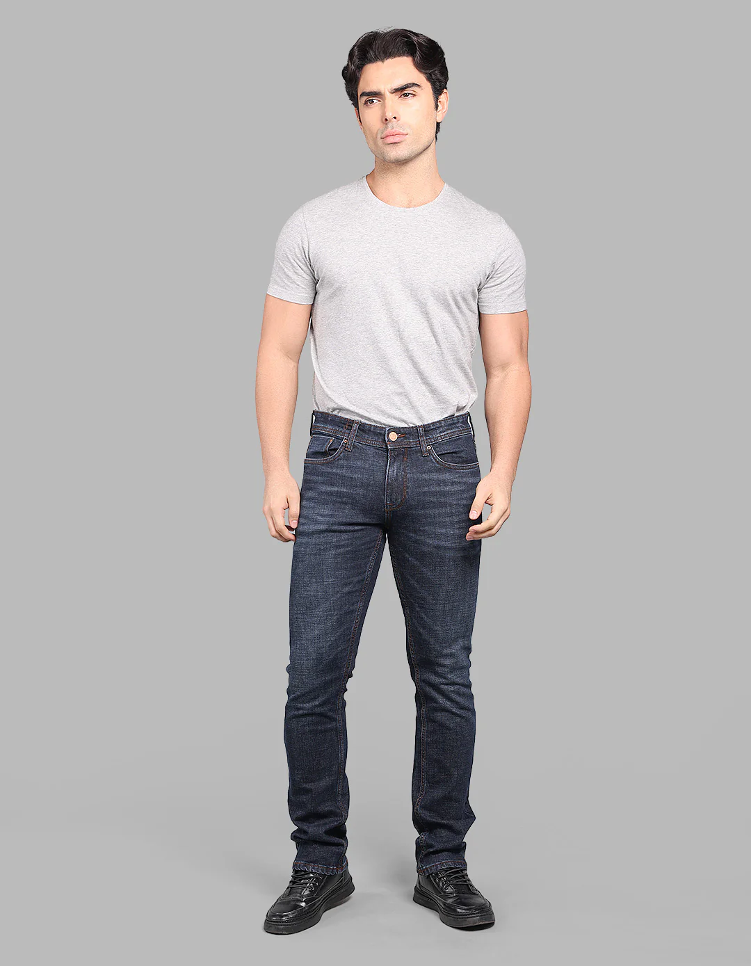 Dk Blue 5 Pocket Mid-Rise Slim Straight Fit Stretch Jeans - Image 2