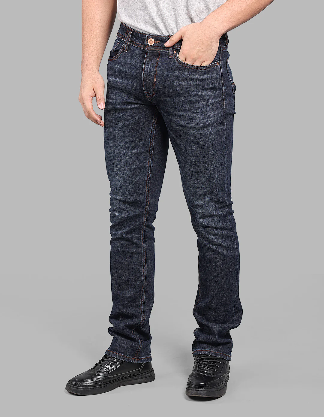 Dk Blue 5 Pocket Mid-Rise Slim Straight Fit Stretch Jeans - Image 3