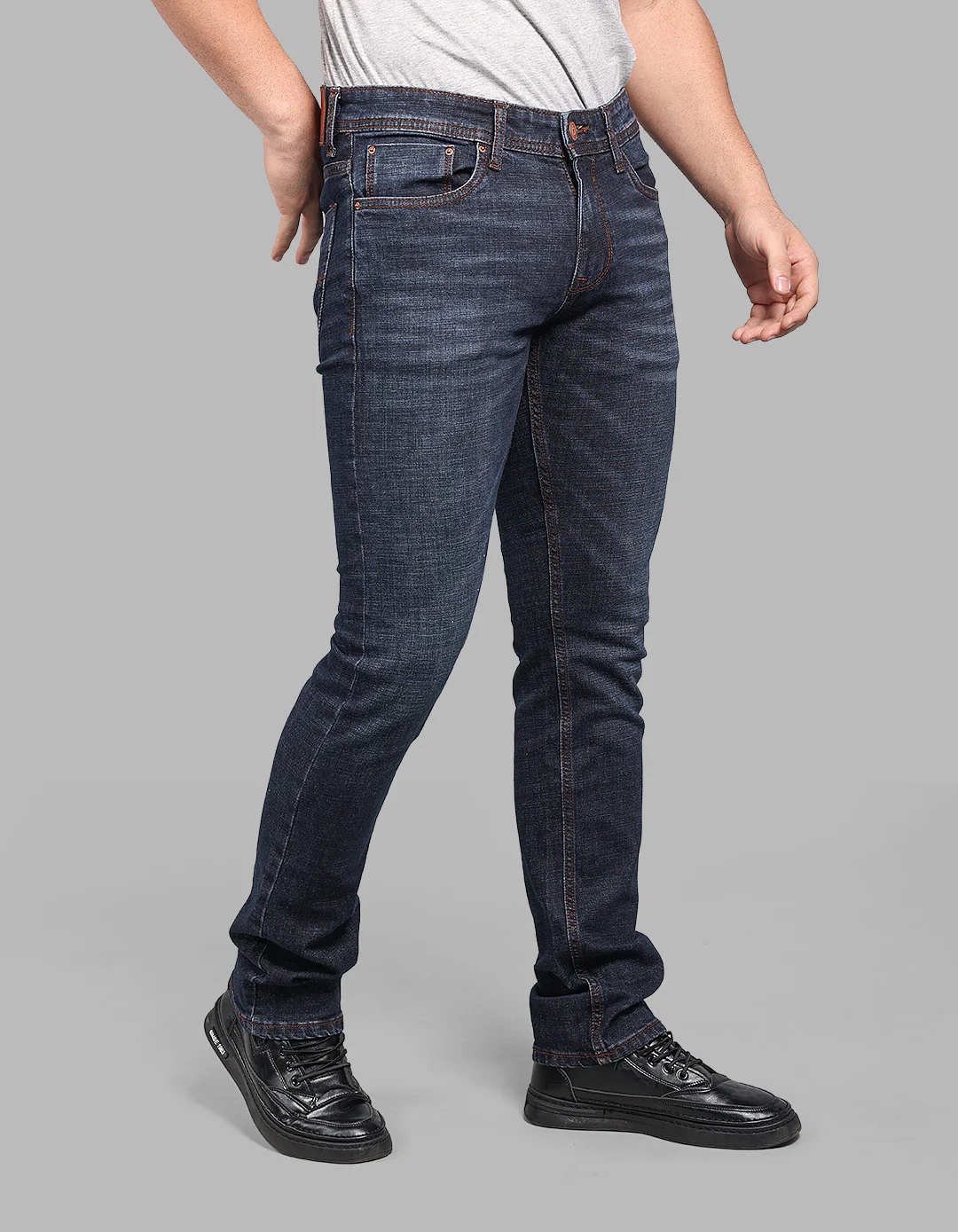 Dk Blue 5 Pocket Mid-Rise Slim Straight Fit Stretch Jeans - Image 4