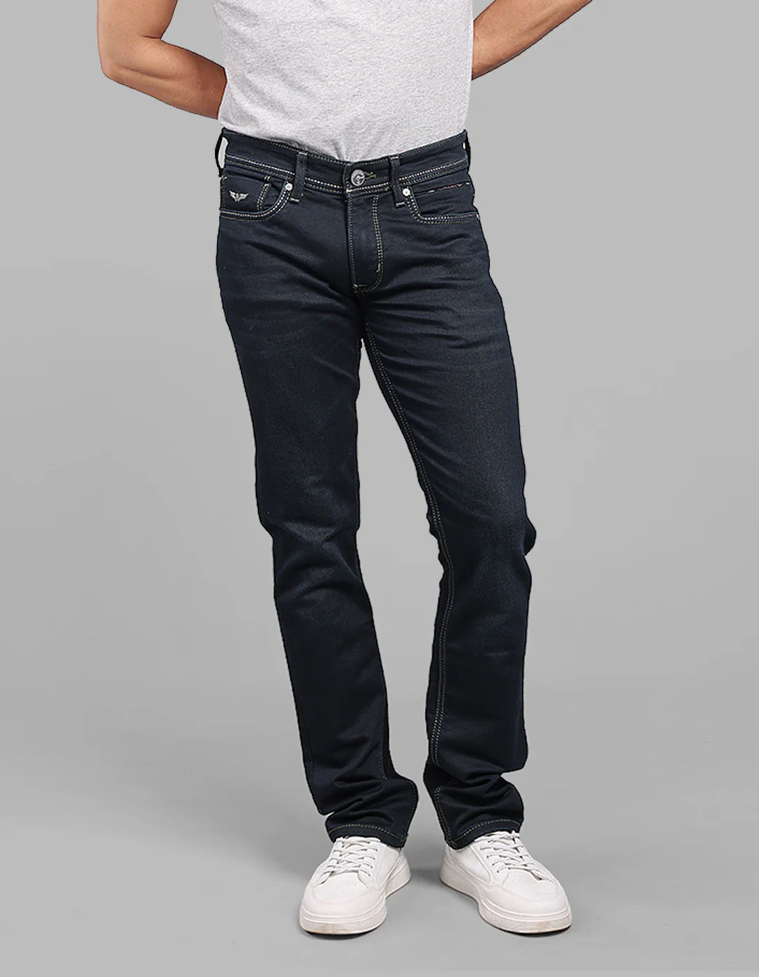 Dk Blue 5 Pocket Mid-Rise Slim Straight Fit Stretch Jeans
