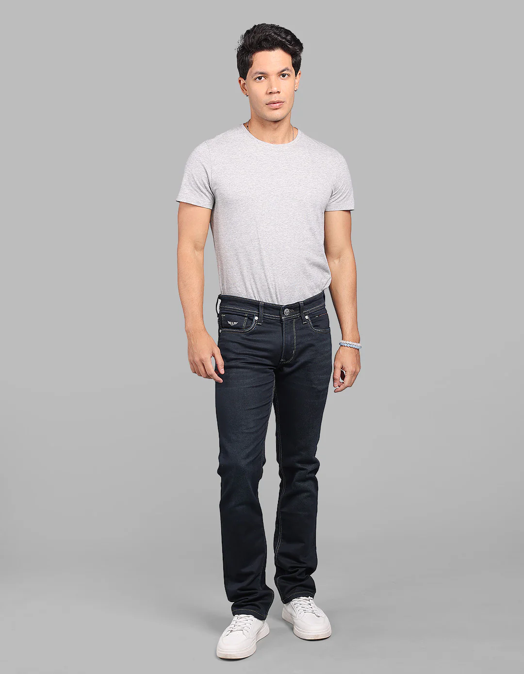 Dk Blue 5 Pocket Mid-Rise Slim Straight Fit Stretch Jeans - Image 2