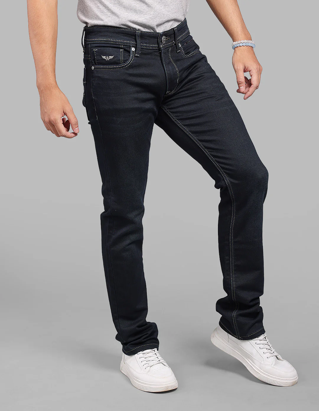 Dk Blue 5 Pocket Mid-Rise Slim Straight Fit Stretch Jeans - Image 3