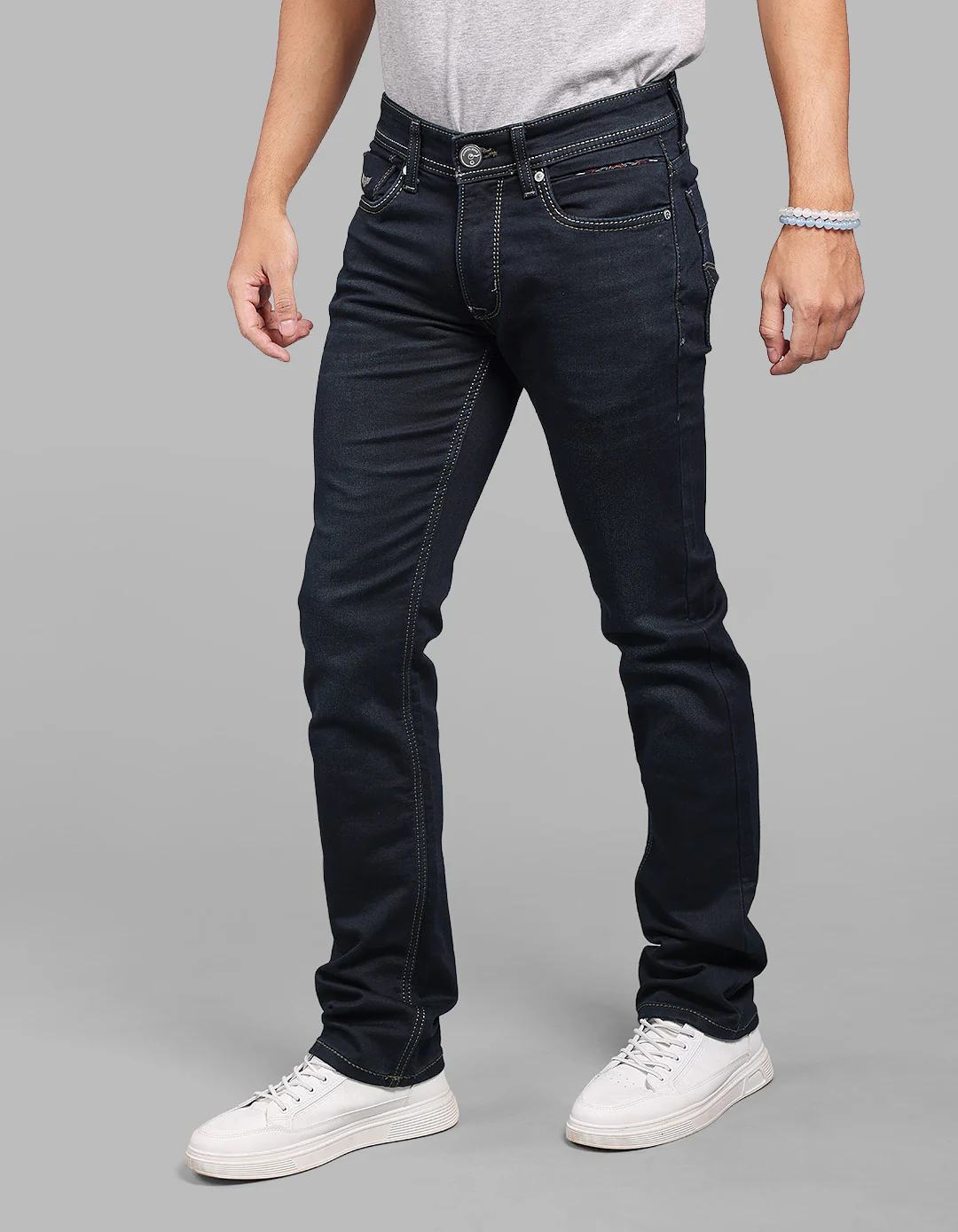 Dk Blue 5 Pocket Mid-Rise Slim Straight Fit Stretch Jeans - Image 4