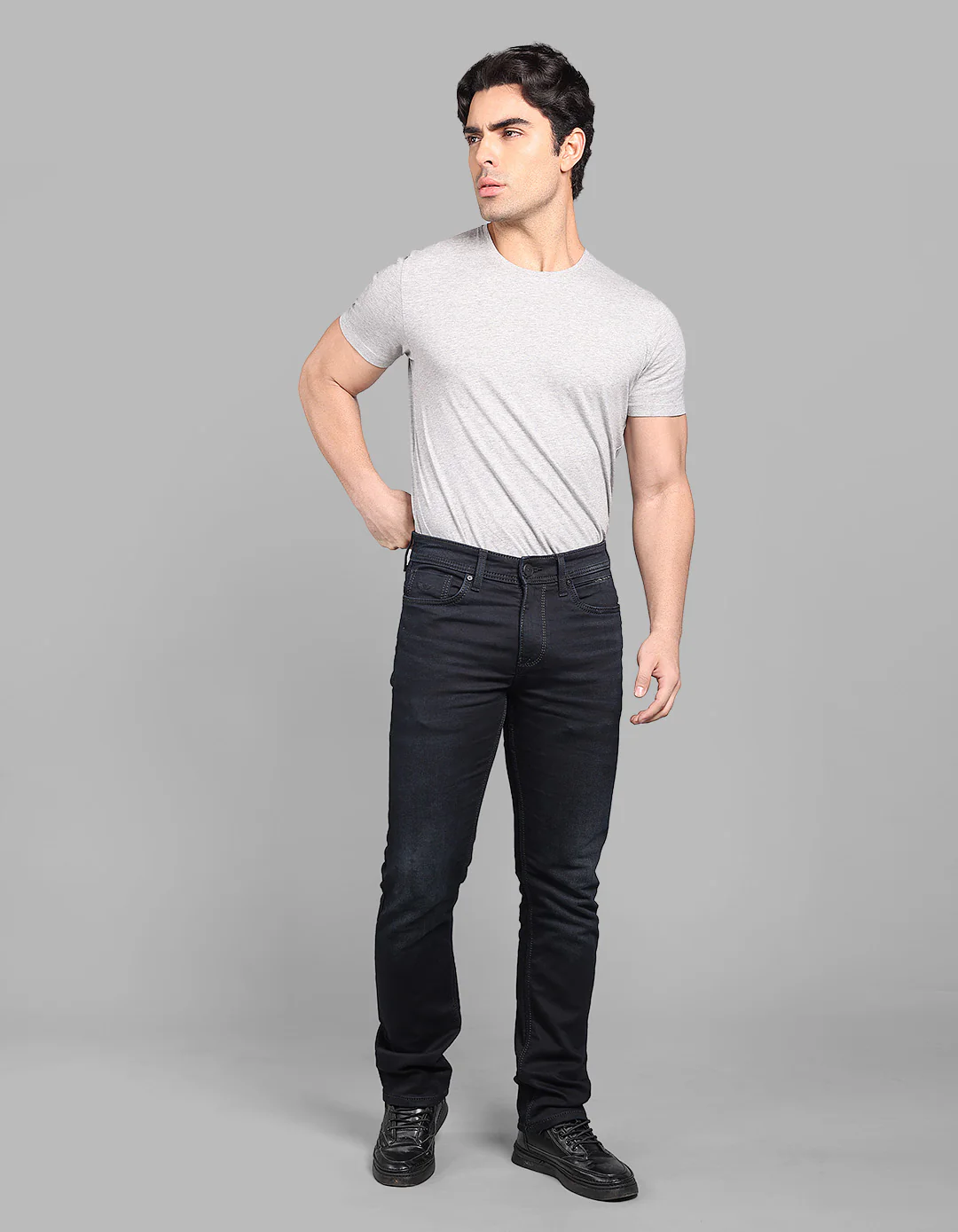 Dk Blue 5 Pocket Mid-Rise Slim Straight Fit Stretch Jeans - Image 2