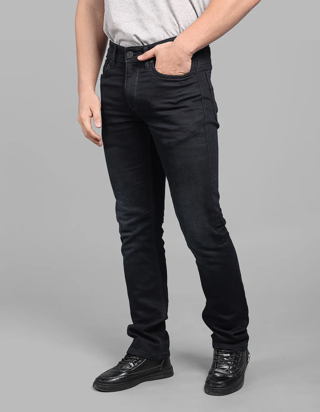 Dk Blue 5 Pocket Mid-Rise Slim Straight Fit Stretch Jeans - Image 3