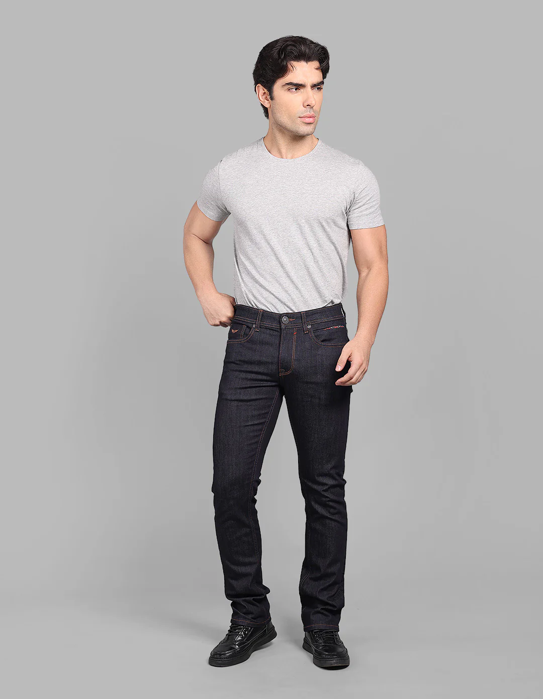 Dk Blue 5 Pocket Mid-Rise Slim Straight Fit Stretch Jeans - Image 2