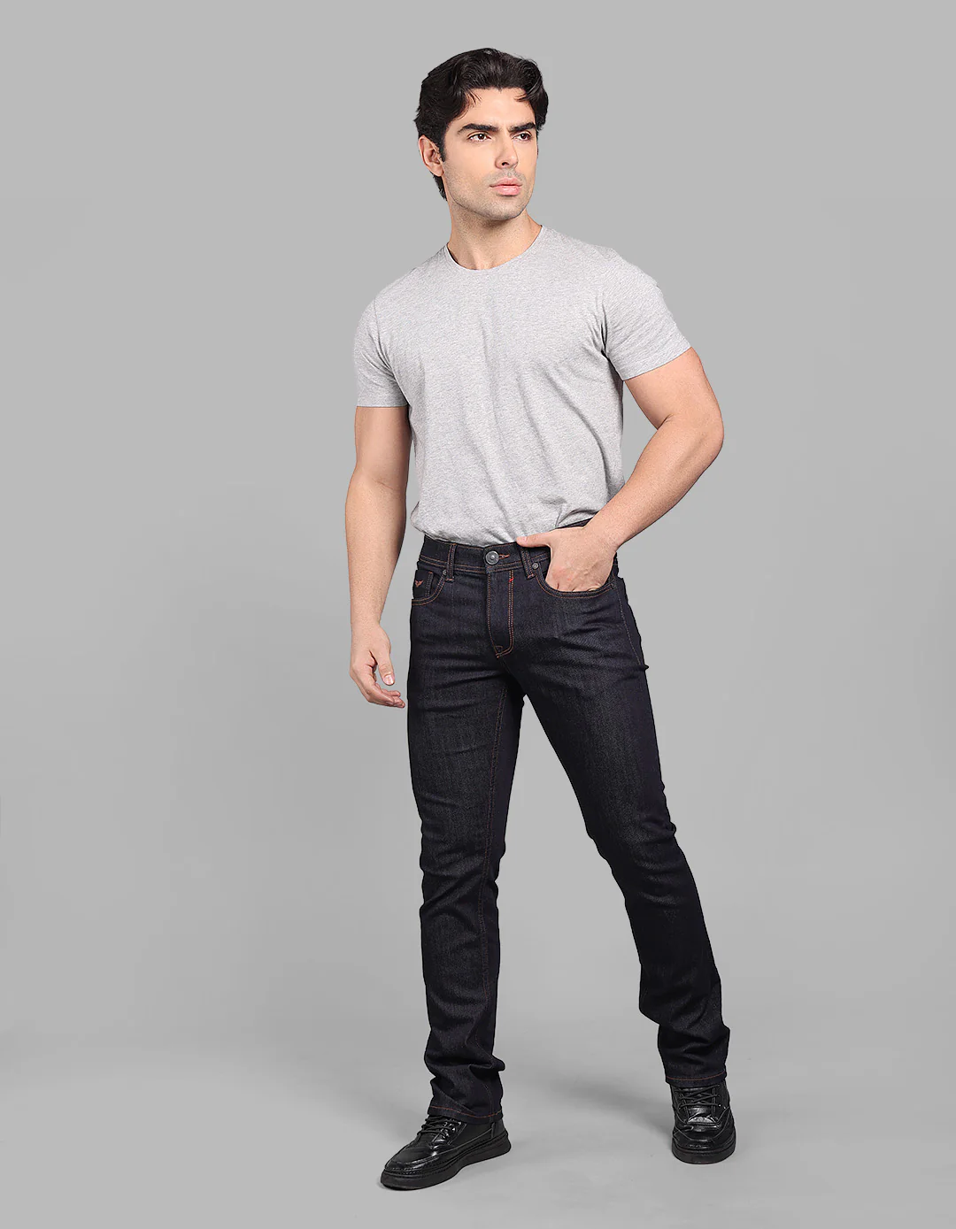 Dk Blue 5 Pocket Mid-Rise Slim Straight Fit Stretch Jeans - Image 3