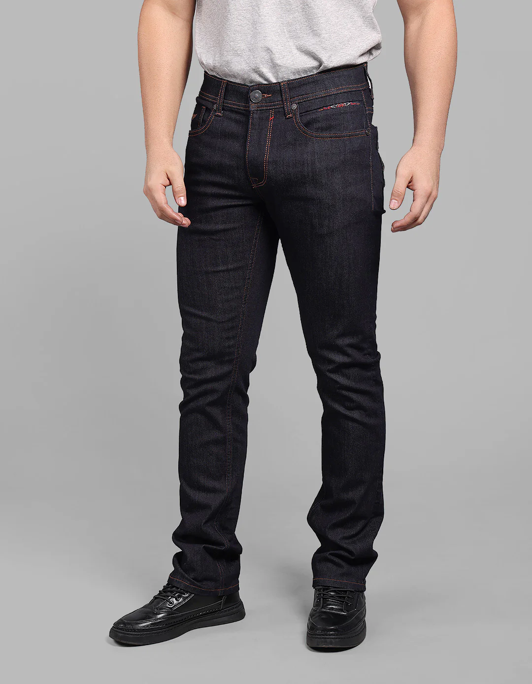 Dk Blue 5 Pocket Mid-Rise Slim Straight Fit Stretch Jeans - Image 4