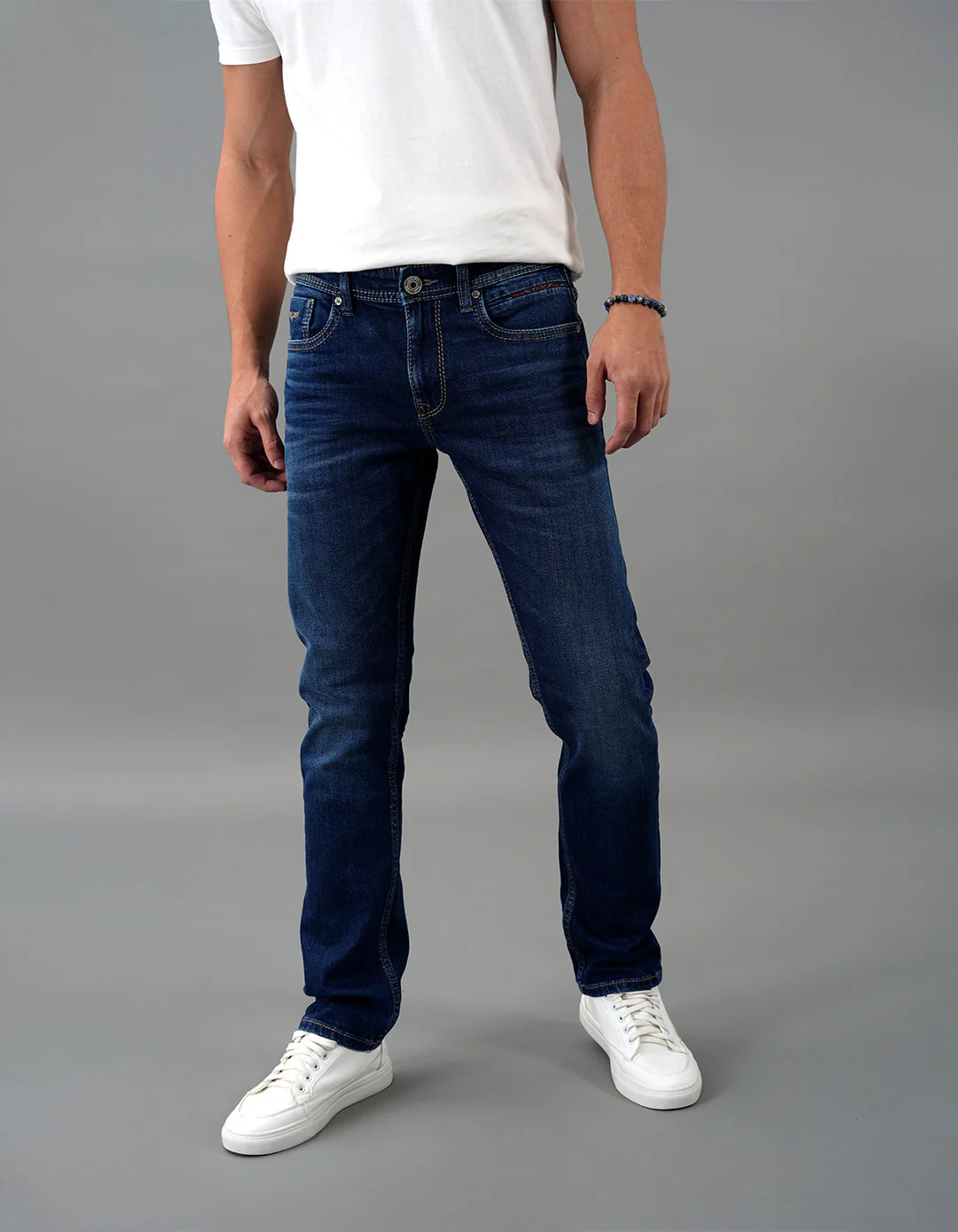 Dk Blue 5 Pocket Mid-Rise Slim Straight Fit Jeans