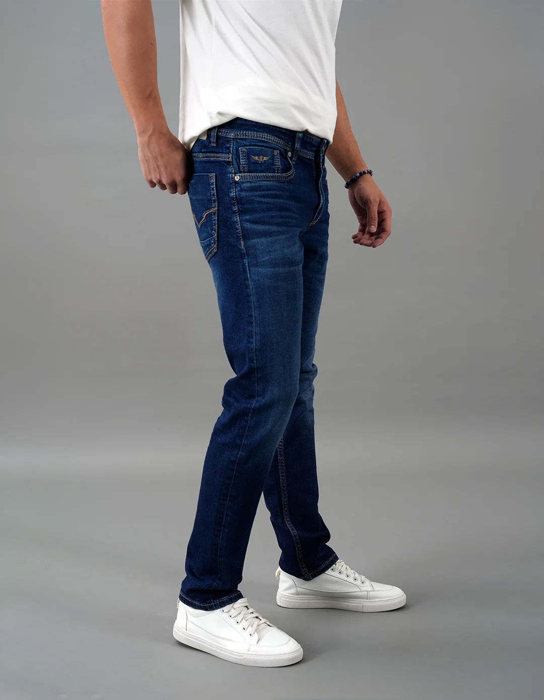 Dk Blue 5 Pocket Mid-Rise Slim Straight Fit Jeans - Image 5