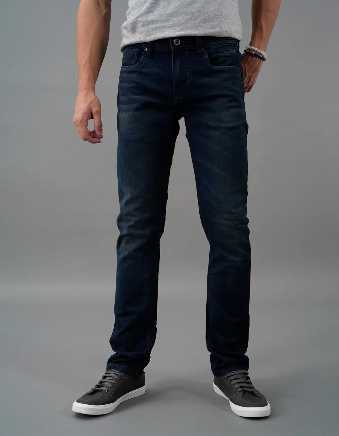 Dk Blue 5 Pocket Mid-Rise Slim Straight Fit Jeans