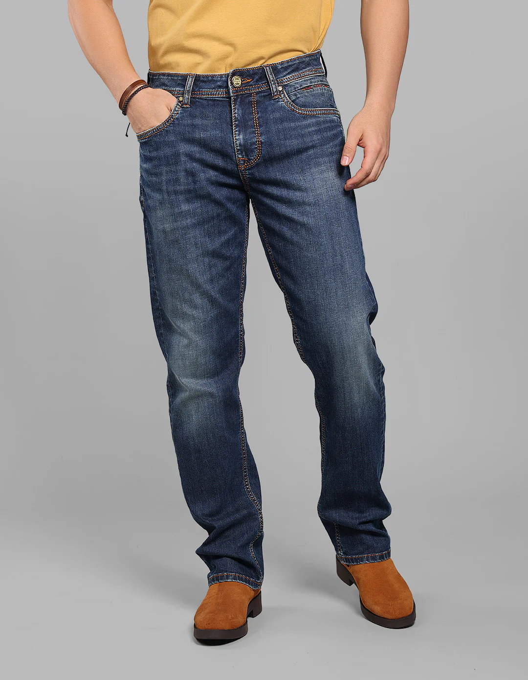 Dk Blue 5 Pocket Midrise, Comfort And Straight Crop Length Stretch Jeans