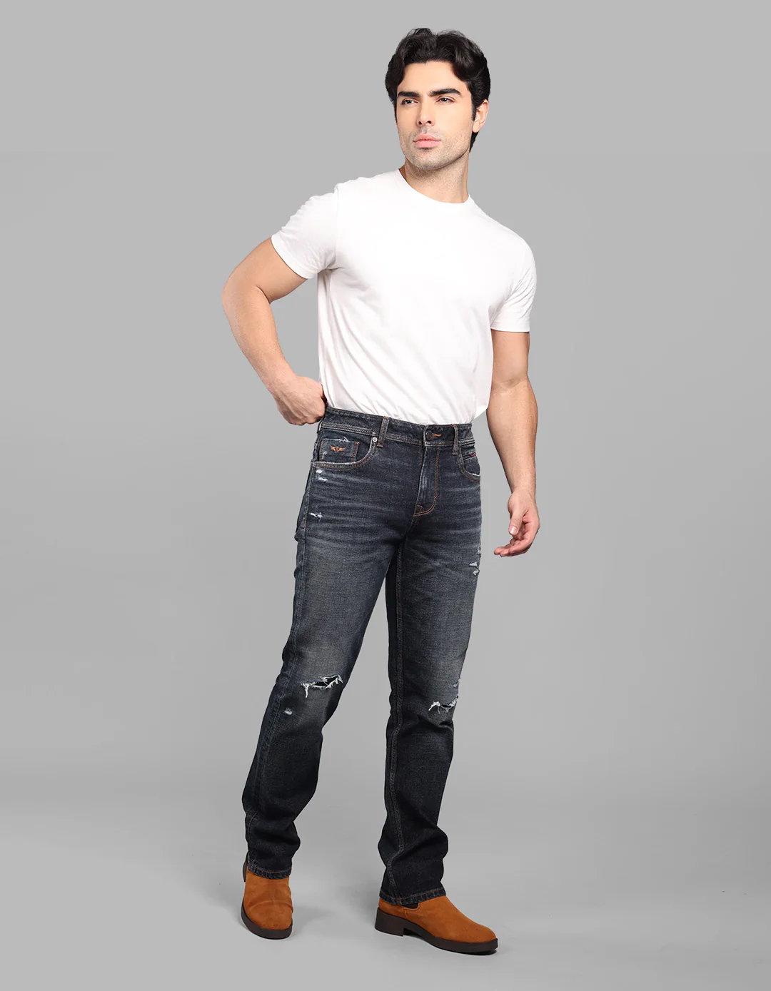 Dk Blue 5 Pocket Midrise, Comfort And Straight Fit Stretch Jeans - Image 3
