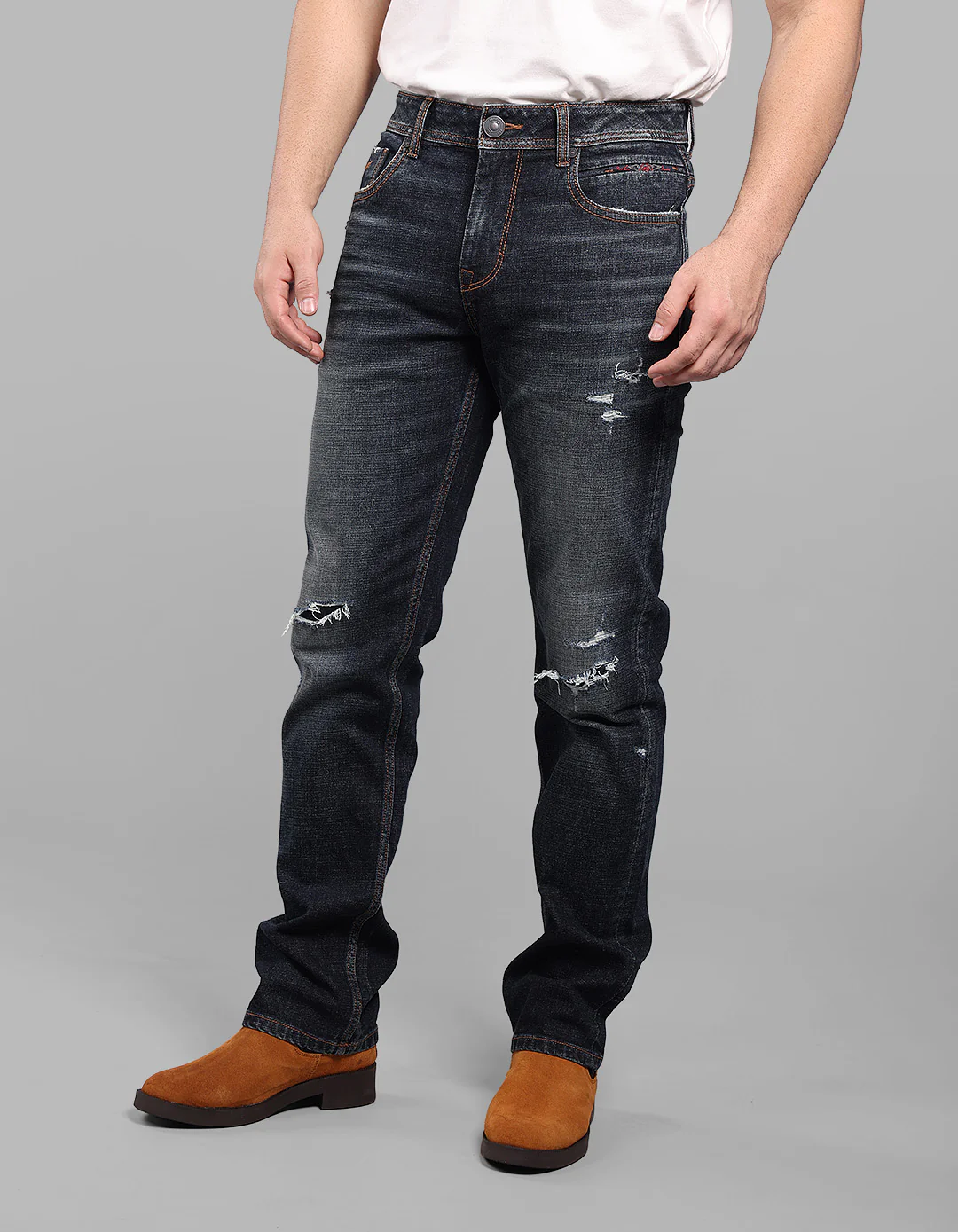 Dk Blue 5 Pocket Midrise, Comfort And Straight Fit Stretch Jeans - Image 4