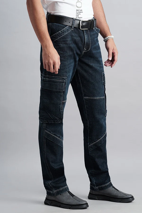 Dk Blue Regular Fit Denim Cargo Pant - Image 3