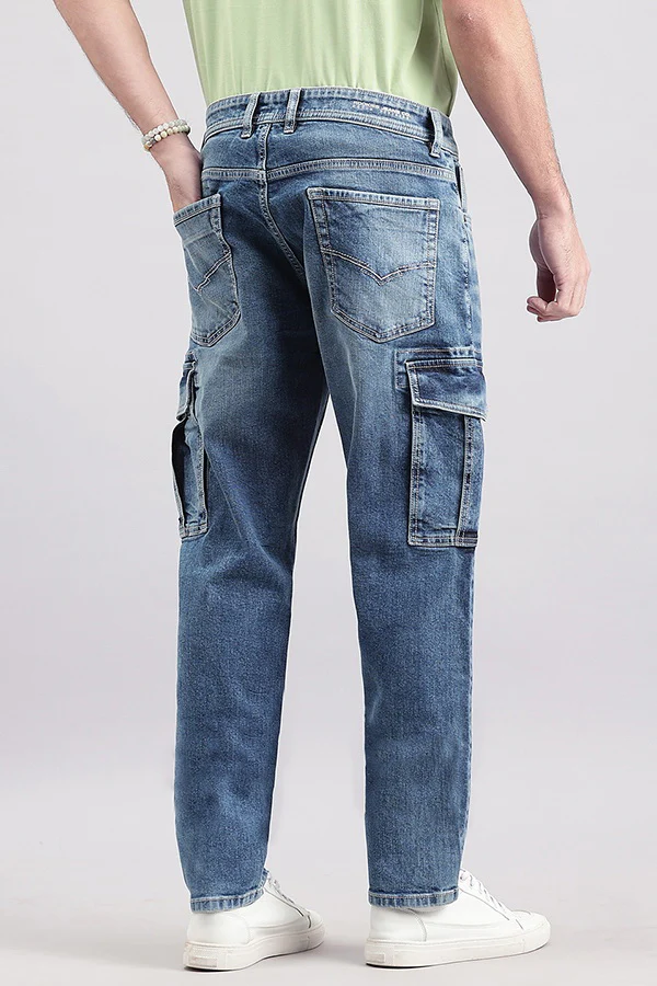 Dk Blue Regular Fit Denim Cargo Pant - Image 4