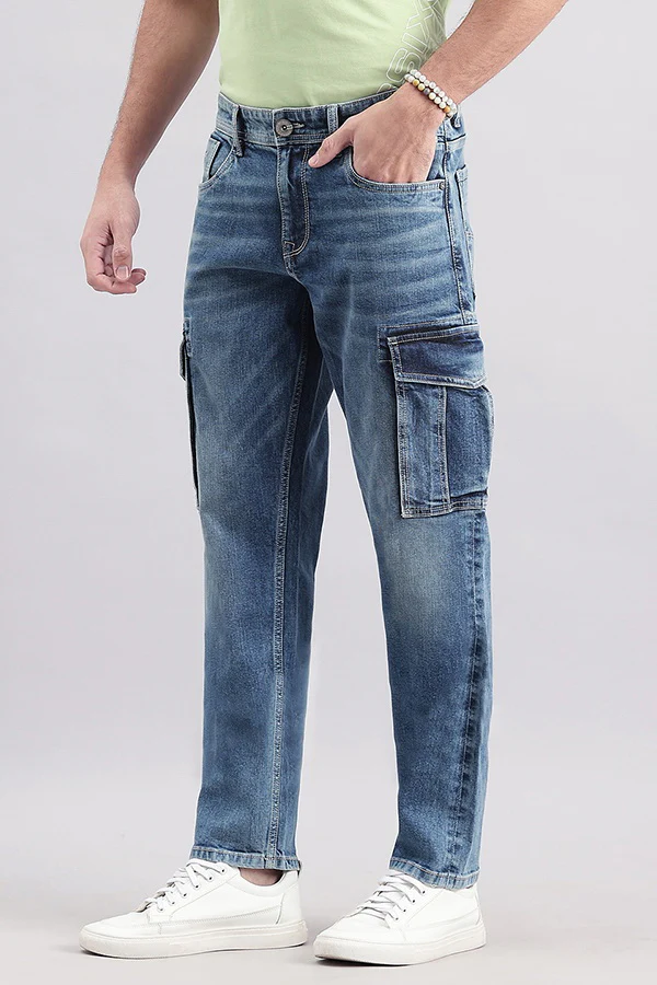 Dk Blue Regular Fit Denim Cargo Pant - Image 5