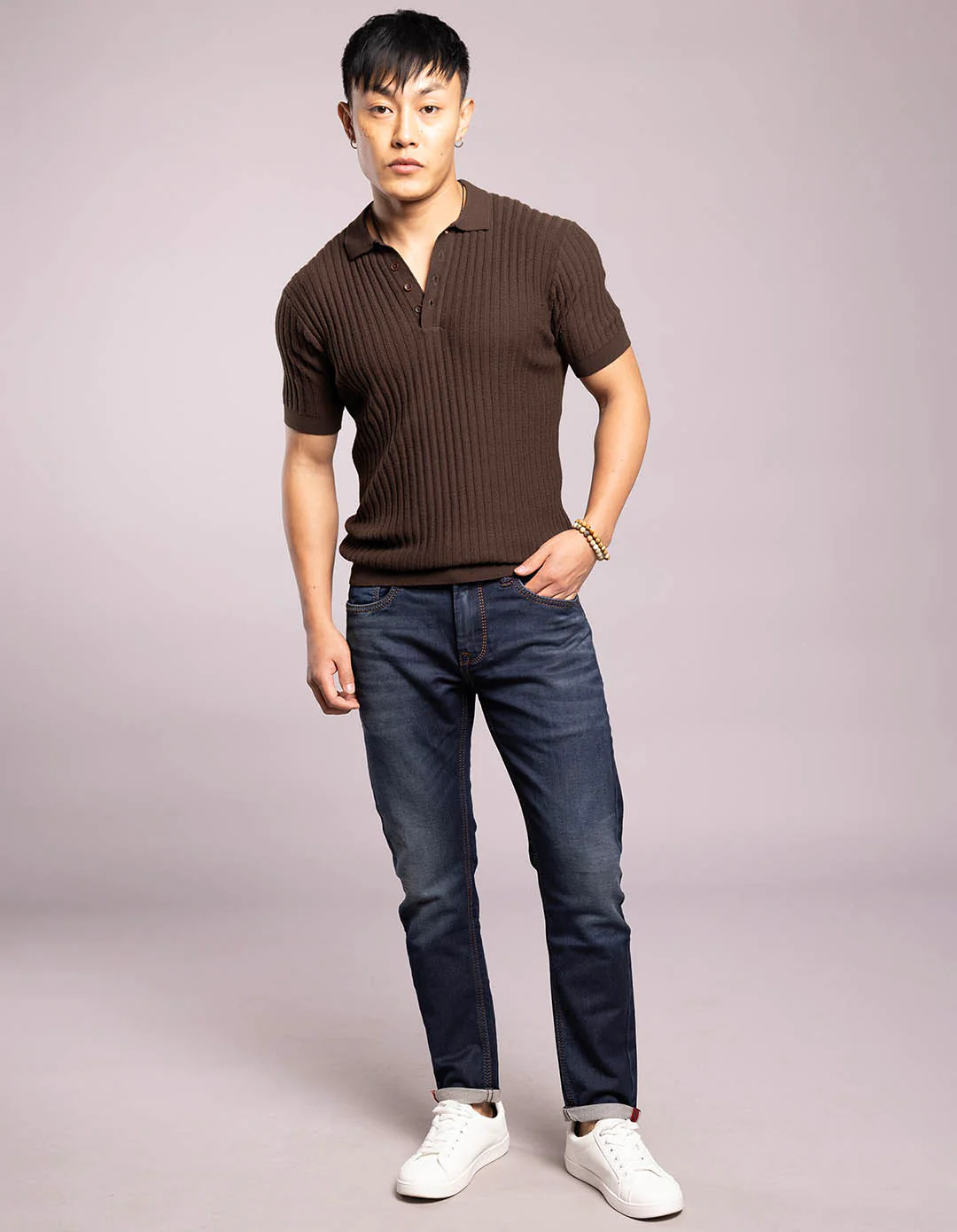 Dk Brown Half Sleeves Flatknit Polo Tee - Image 2