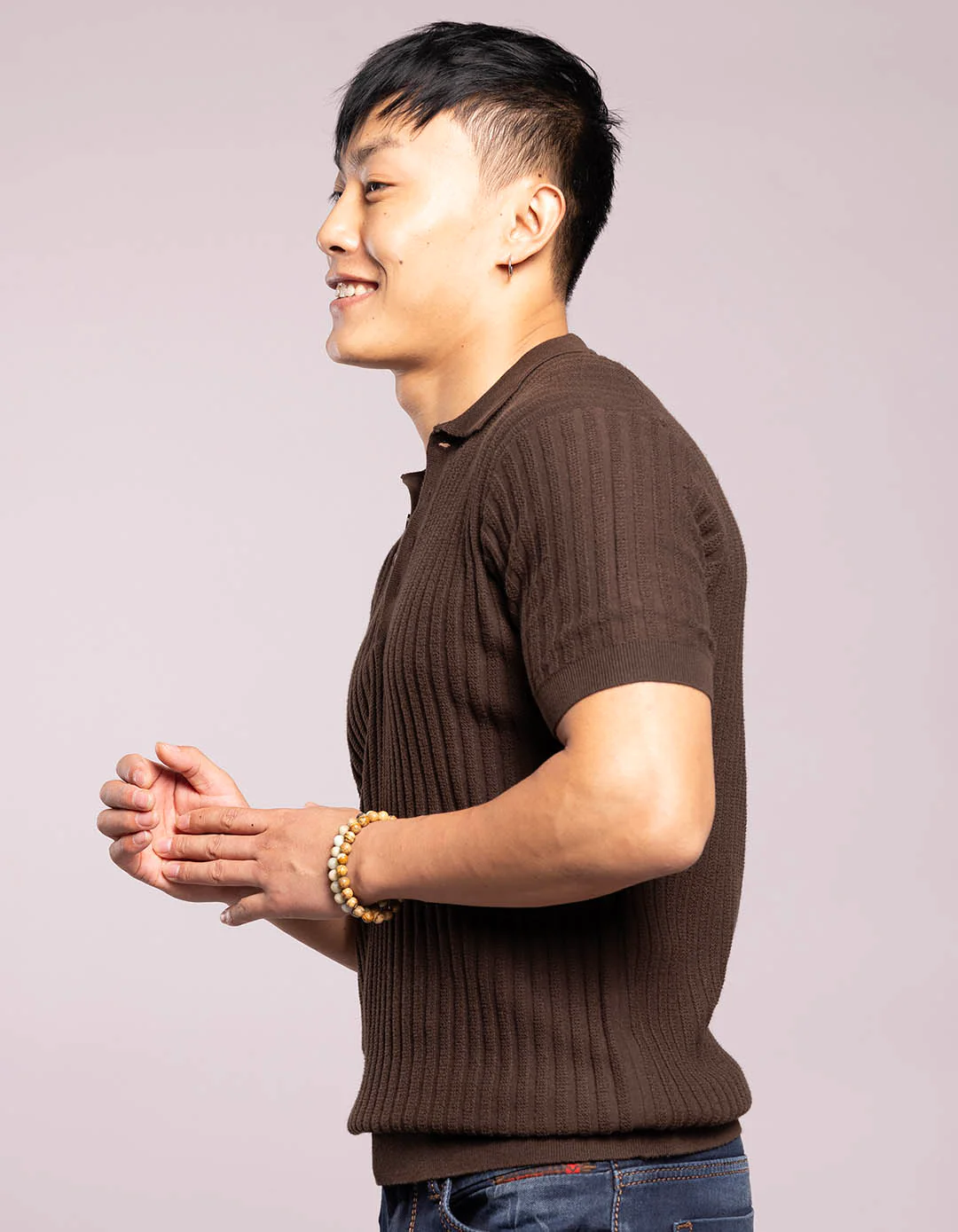 Dk Brown Half Sleeves Flatknit Polo Tee - Image 3