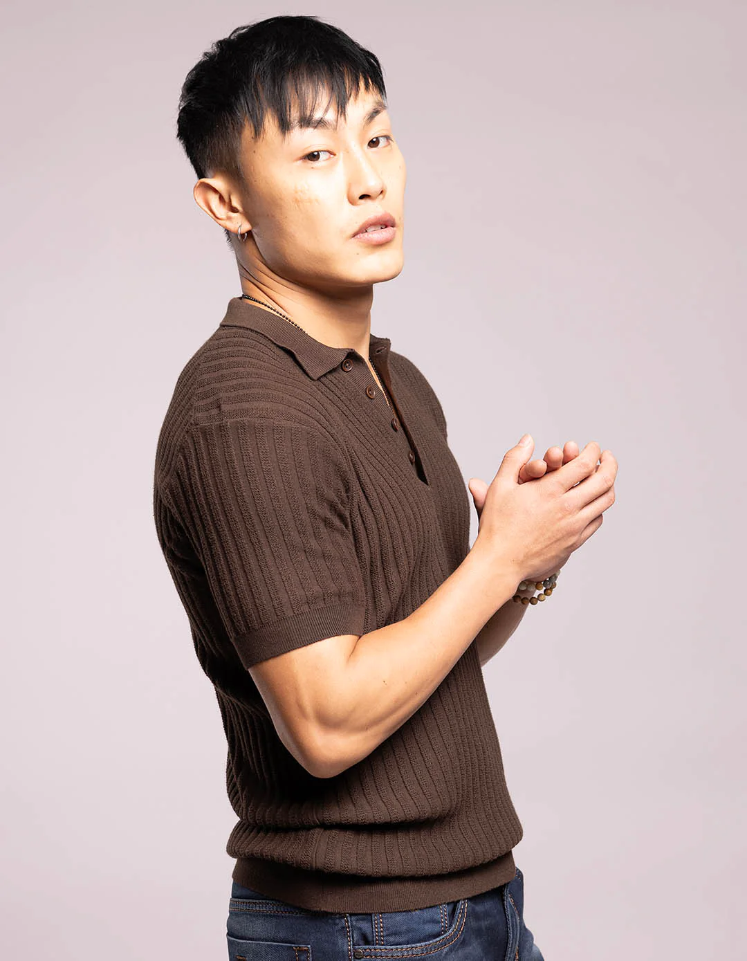 Dk Brown Half Sleeves Flatknit Polo Tee - Image 4