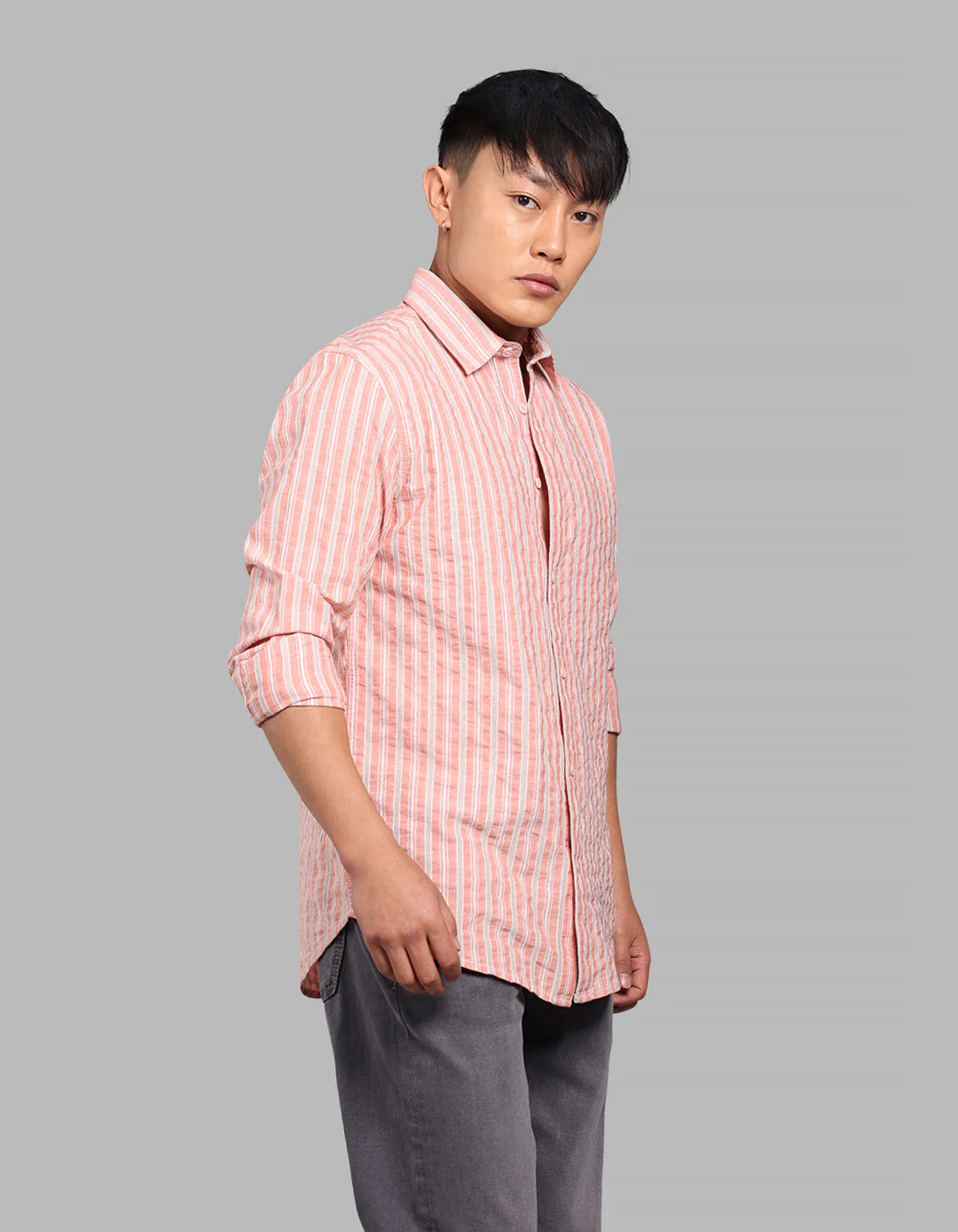 Dk Peach 100% Cotton Full Sleeve Stripe Shirt - Image 4