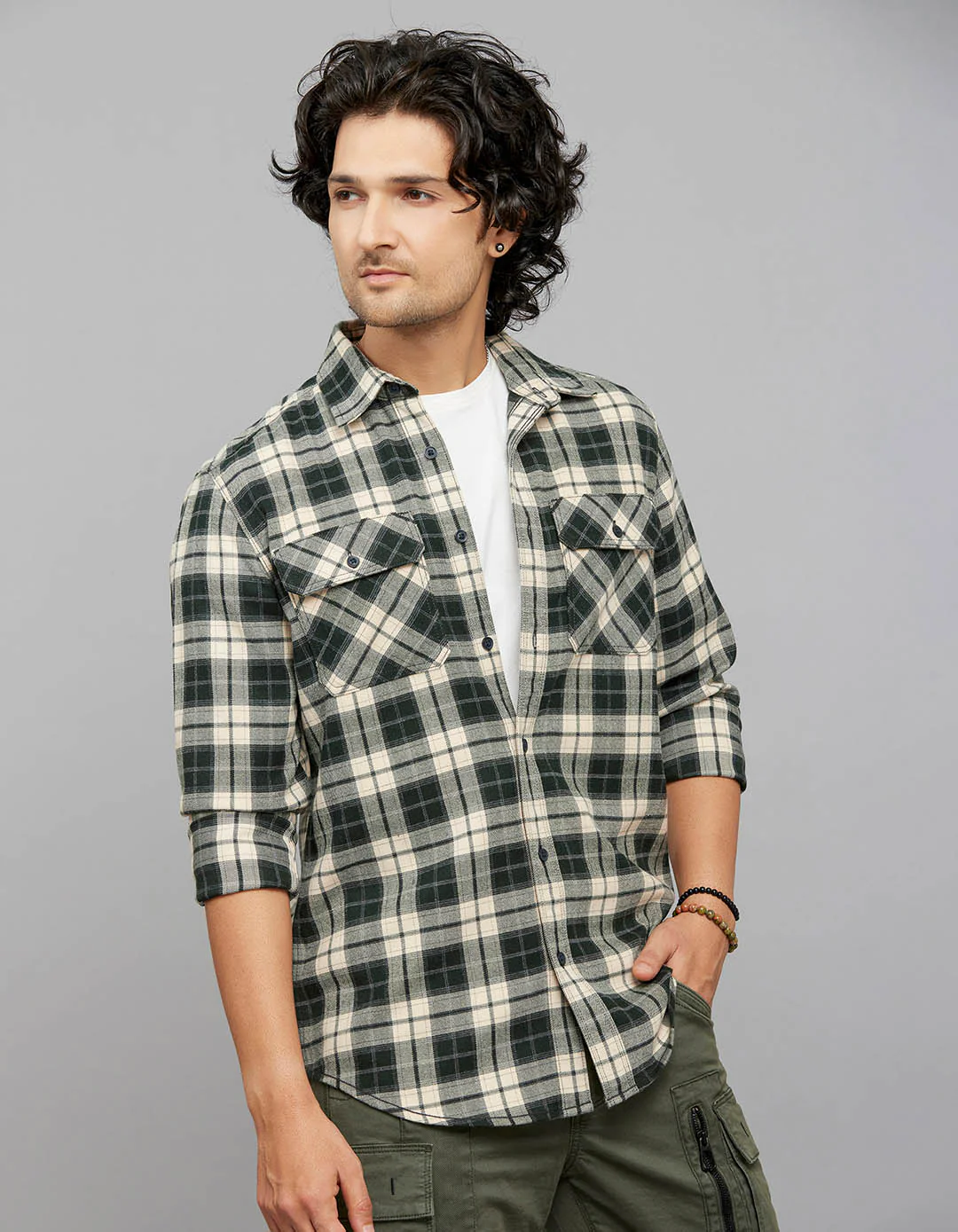 Green Cream Full Sleeves Stretch Check Shirt