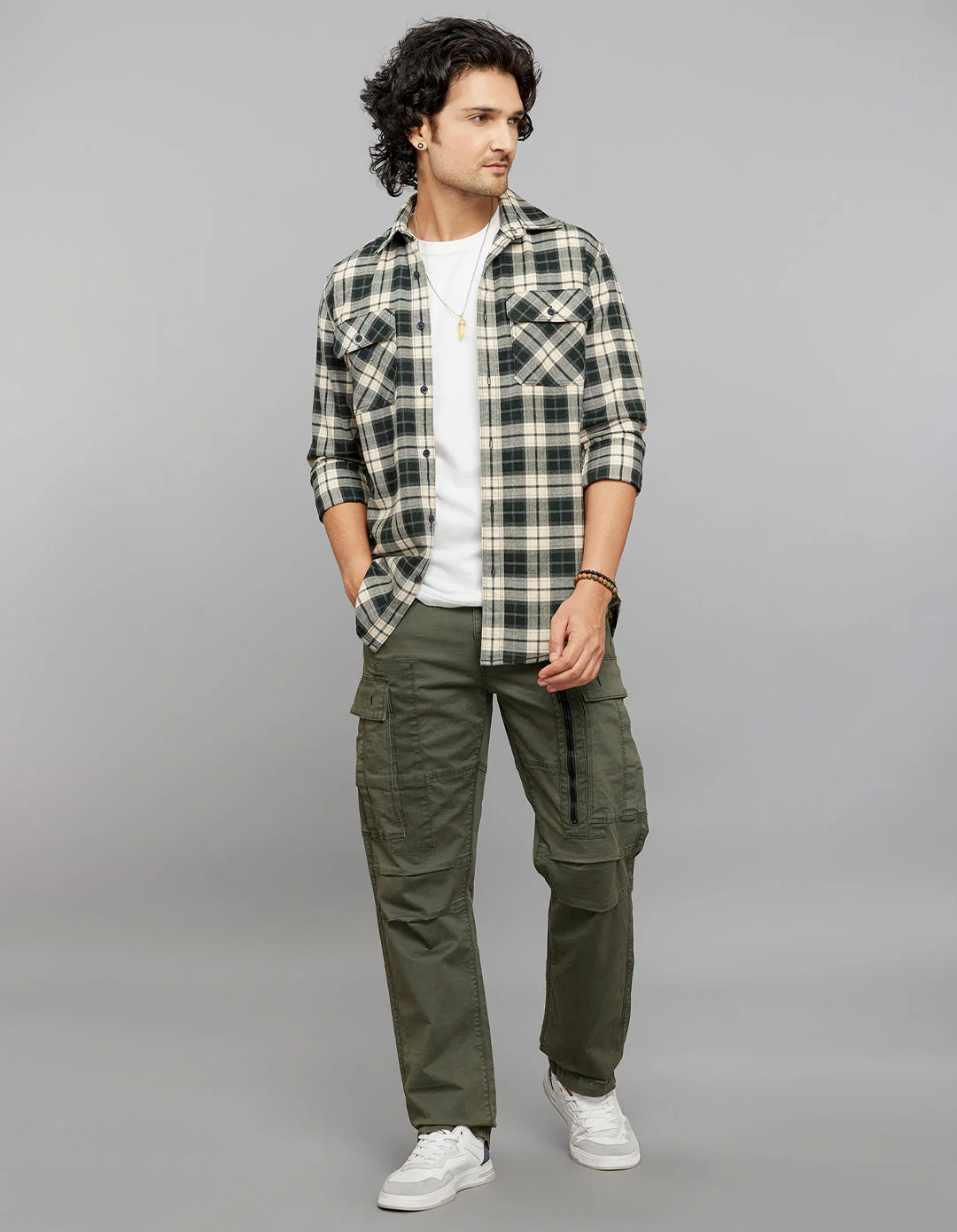 Green Cream Full Sleeves Stretch Check Shirt - Image 2