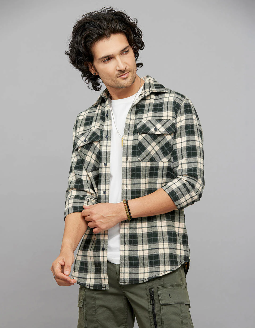 Green Cream Full Sleeves Stretch Check Shirt - Image 3