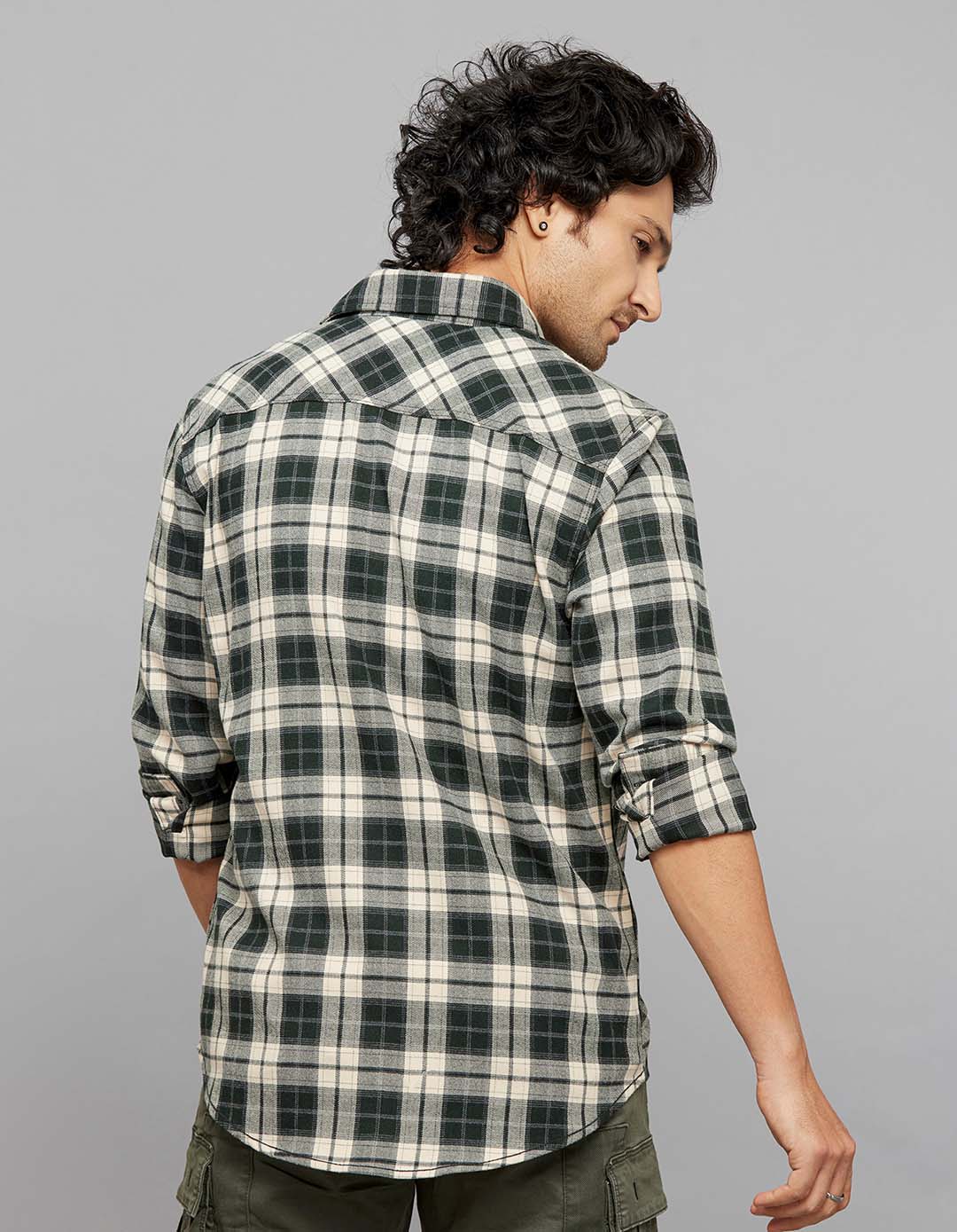 Green Cream Full Sleeves Stretch Check Shirt - Image 5