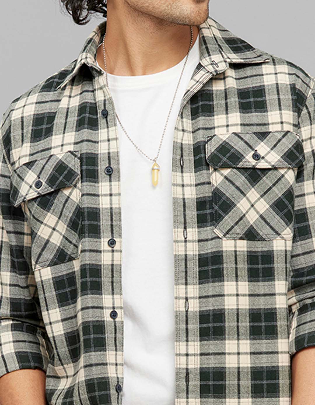 Green Cream Full Sleeves Stretch Check Shirt - Image 6