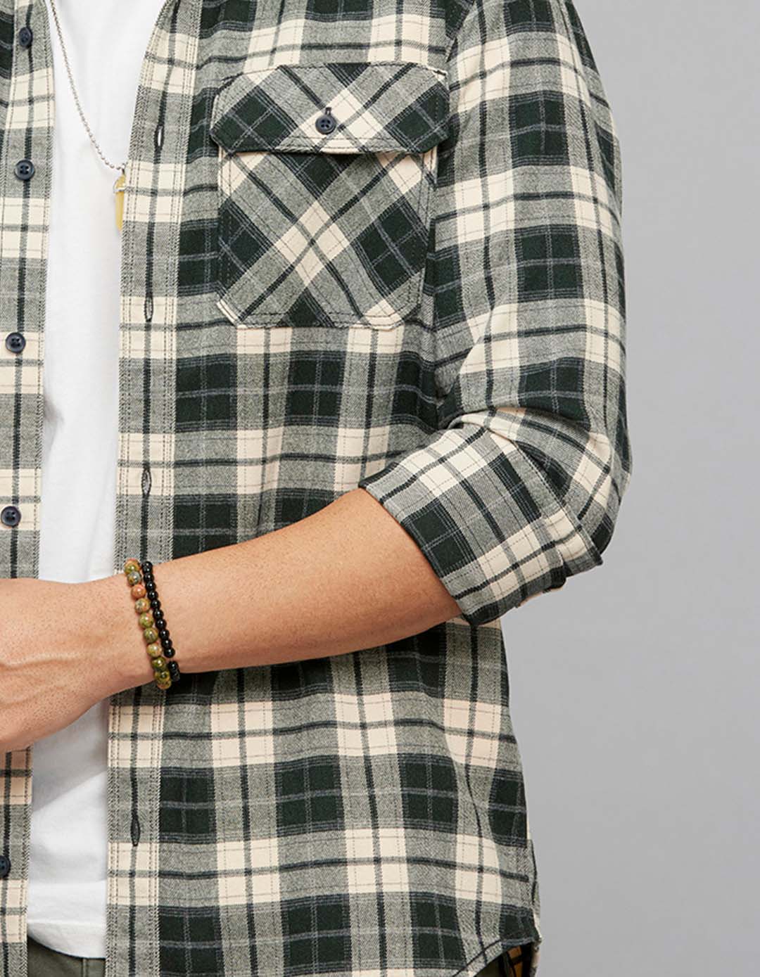 Green Cream Full Sleeves Stretch Check Shirt - Image 7
