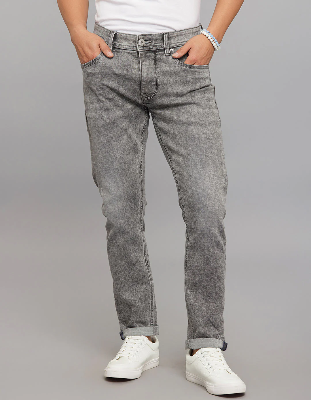 Grey 5 Pocket Low-Rise Tapered Ankle Length Classic Stretch Jeans