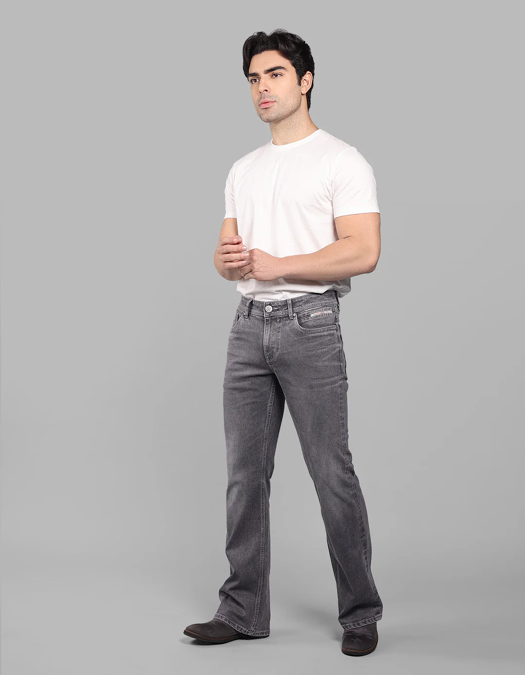 Grey 5 Pocket Mid Rise Loose Boot Leg Stretch Jeans - Image 2