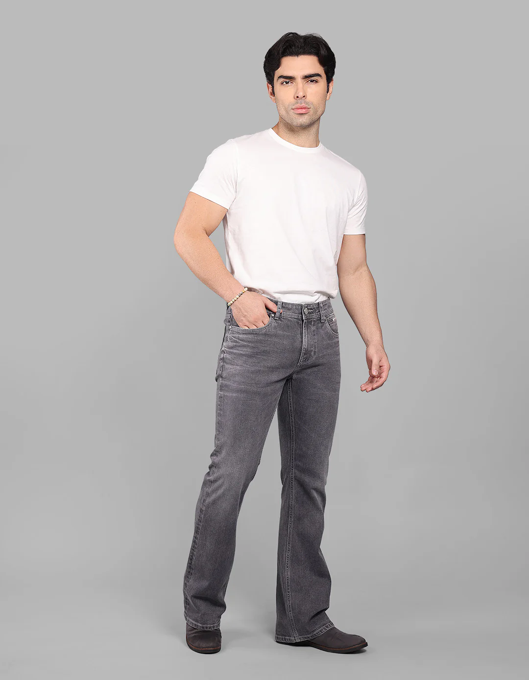 Grey 5 Pocket Mid Rise Loose Boot Leg Stretch Jeans - Image 3