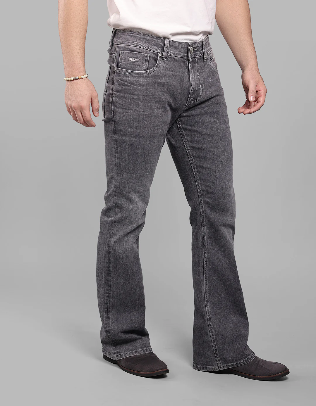 Grey 5 Pocket Mid Rise Loose Boot Leg Stretch Jeans - Image 5