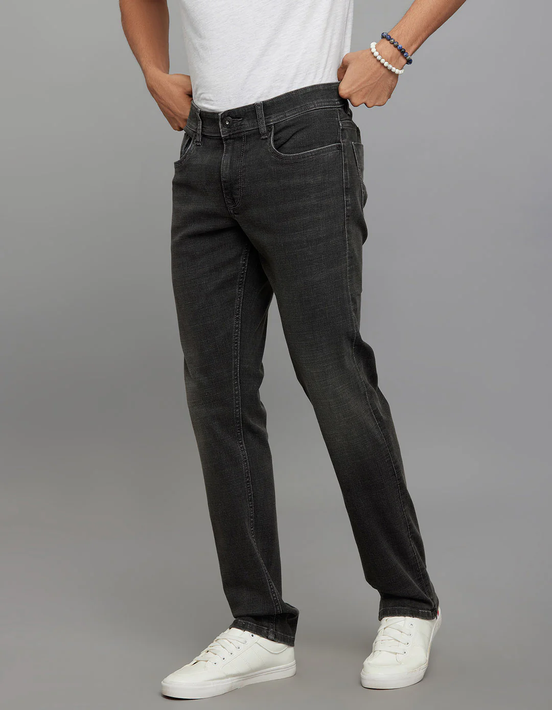 Grey 5 Pocket Mid-Rise Slim Straight Fit Classic Stretch Jeans