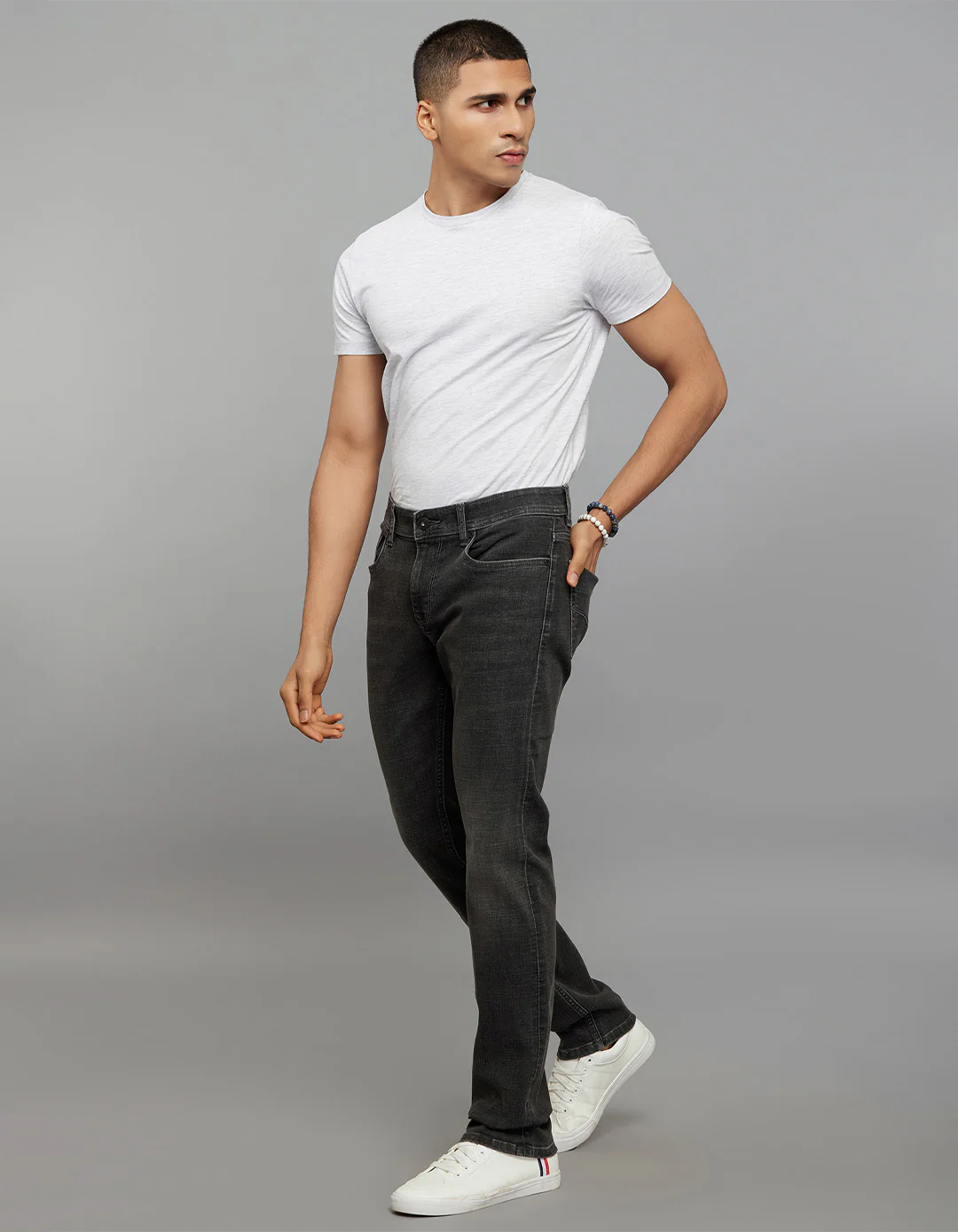 Grey 5 Pocket Mid-Rise Slim Straight Fit Classic Stretch Jeans - Image 2
