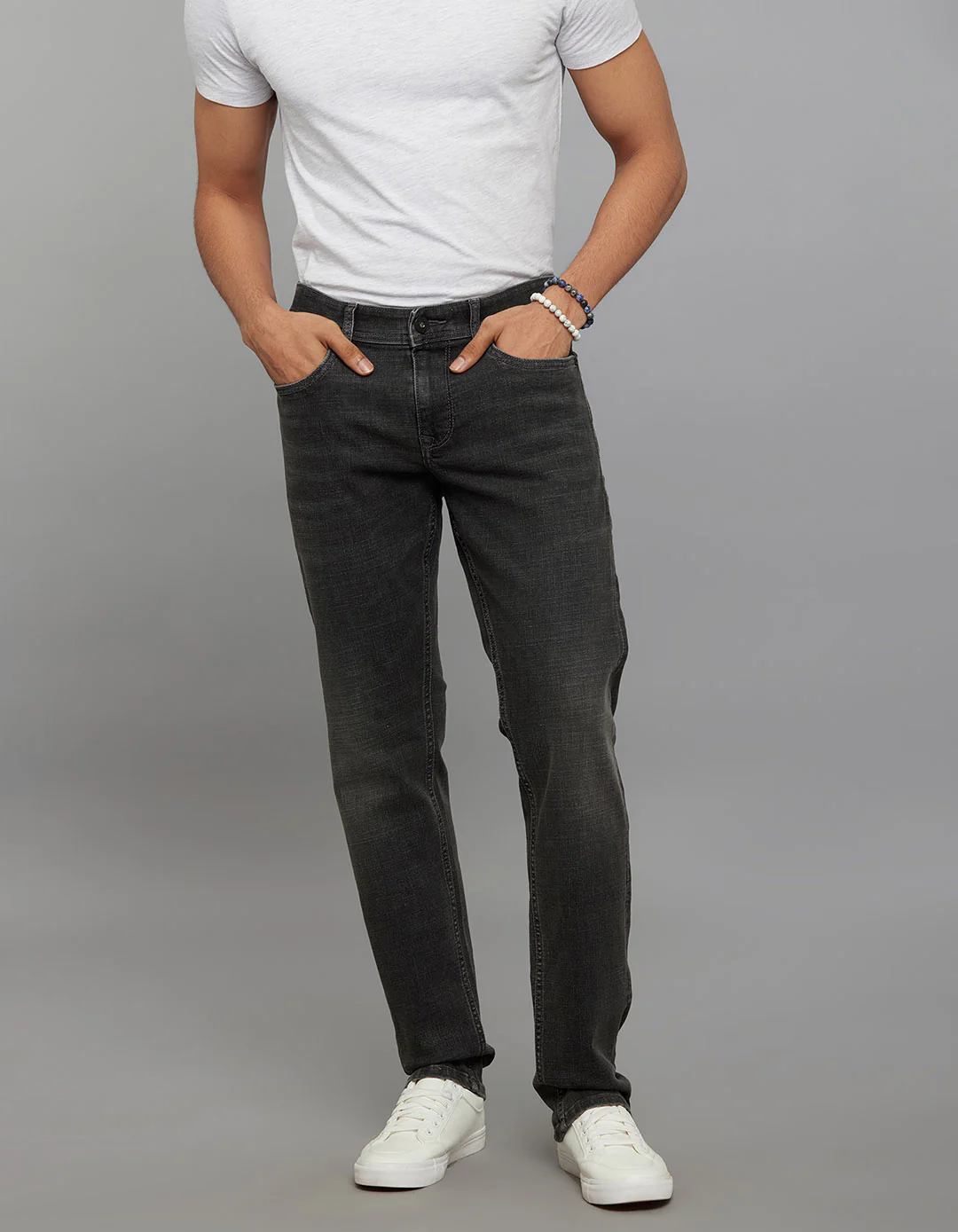 Grey 5 Pocket Mid-Rise Slim Straight Fit Classic Stretch Jeans - Image 3