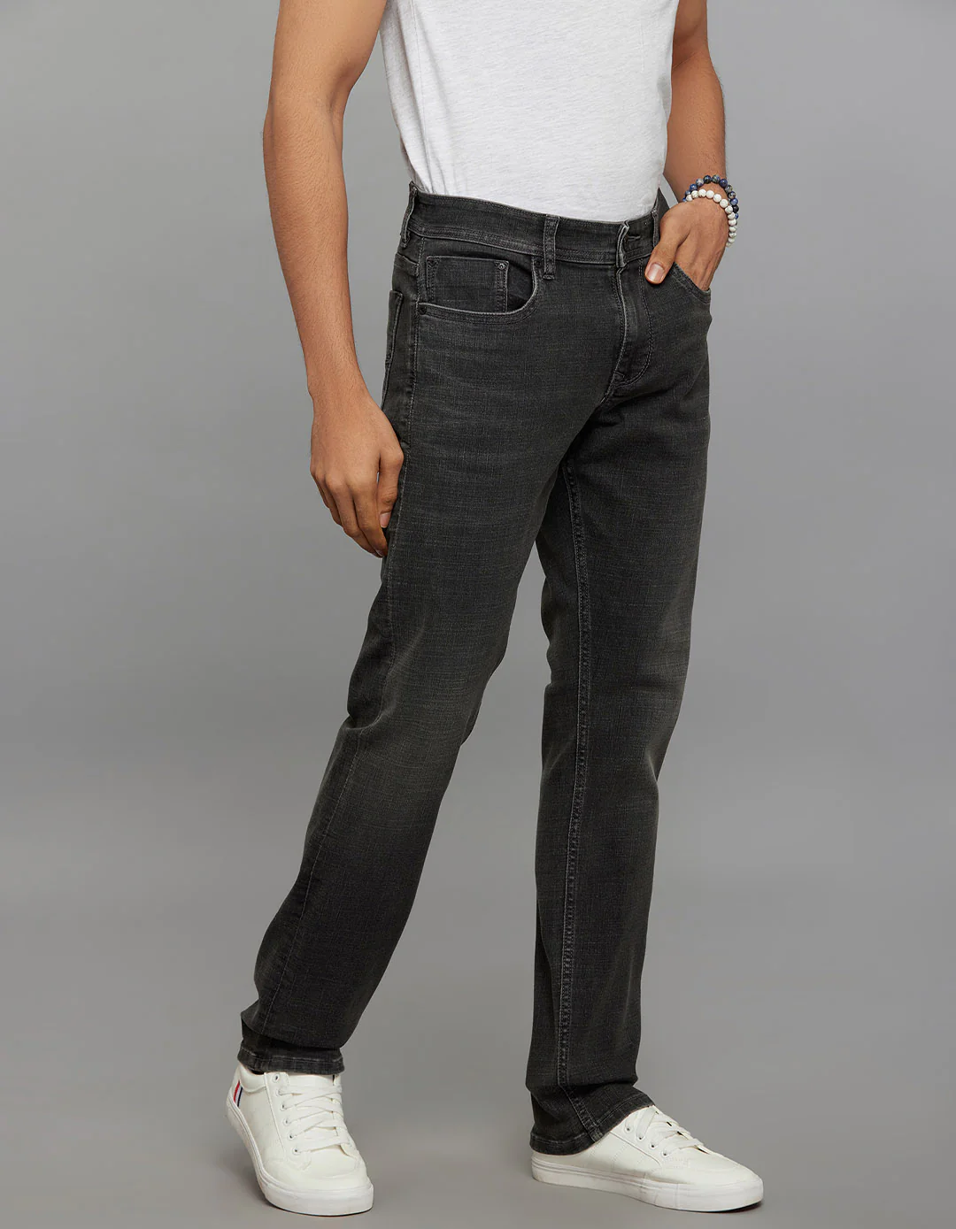 Grey 5 Pocket Mid-Rise Slim Straight Fit Classic Stretch Jeans - Image 4