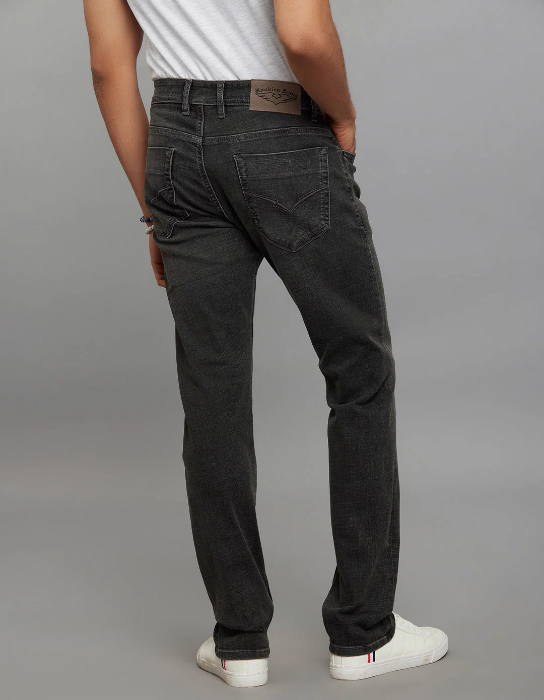 Grey 5 Pocket Mid-Rise Slim Straight Fit Classic Stretch Jeans - Image 5