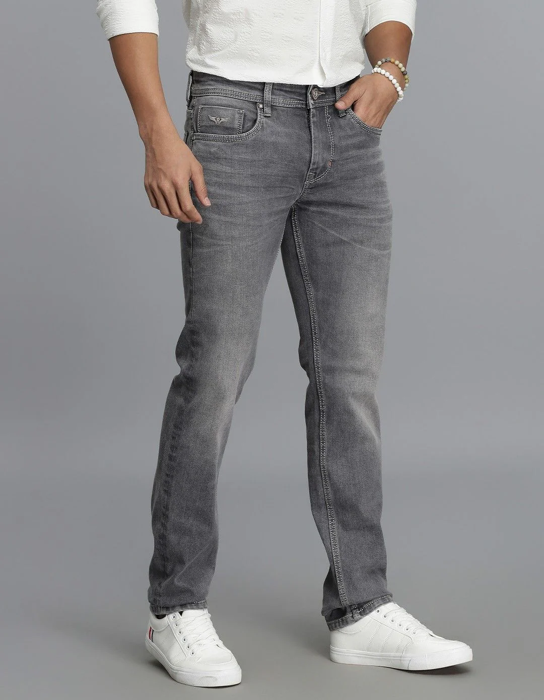 Grey 5 Pocket Mid-Rise Slim Straight Fit jeans - Image 3