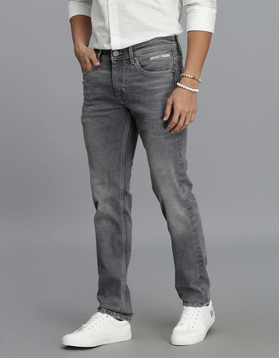 Grey 5 Pocket Mid-Rise Slim Straight Fit jeans - Image 4